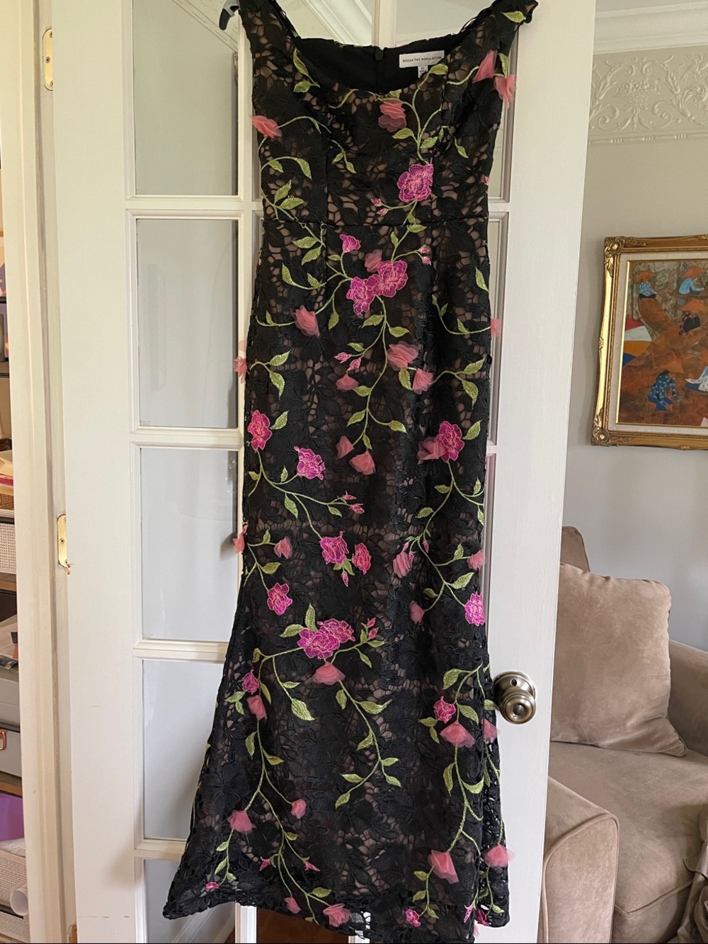 Dress the Population Black Lace Maxi Dress with Pink Floral Embroidery